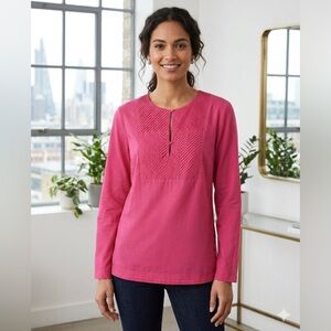 Tory Burch Pleated Barbie Pink 100% Cotton Lightweight Boho Tunic Blouse Size 12